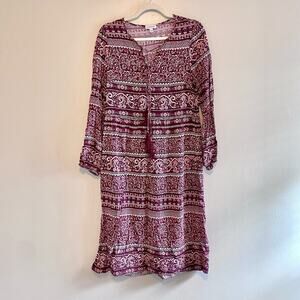 Luxology Size L Burgundy Floral Paisley Dress Long Sleeves